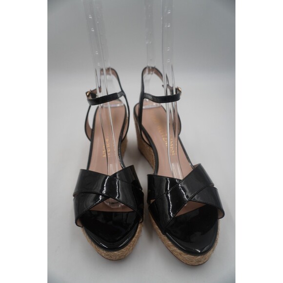 Stuart Weitzman BLKPatent Leather Espadrilles Crossover Braided Jute Trim Sz 8.5 - Picture 5 of 11